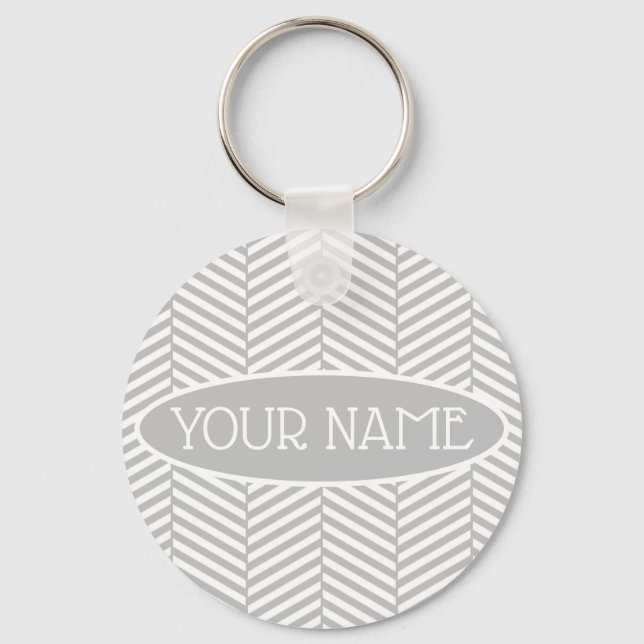 Grey and White Chevron Custom Name Keychain (Front)