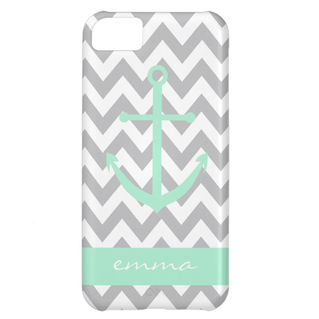 Grey and White Chevron Mint Anchor Monogram Case For iPhone 5C (Back)