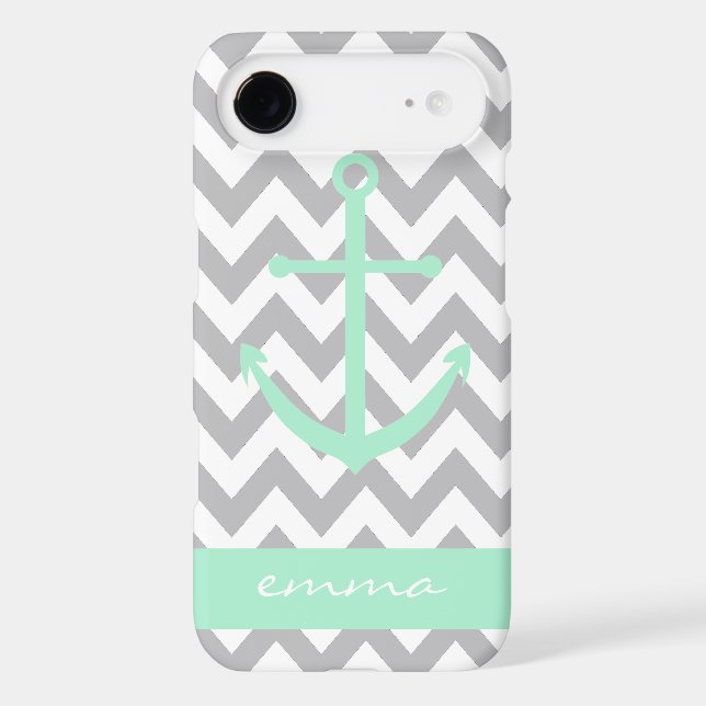 Grey and White Chevron Mint Anchor Monogram Case For iPhone 5C (Back)