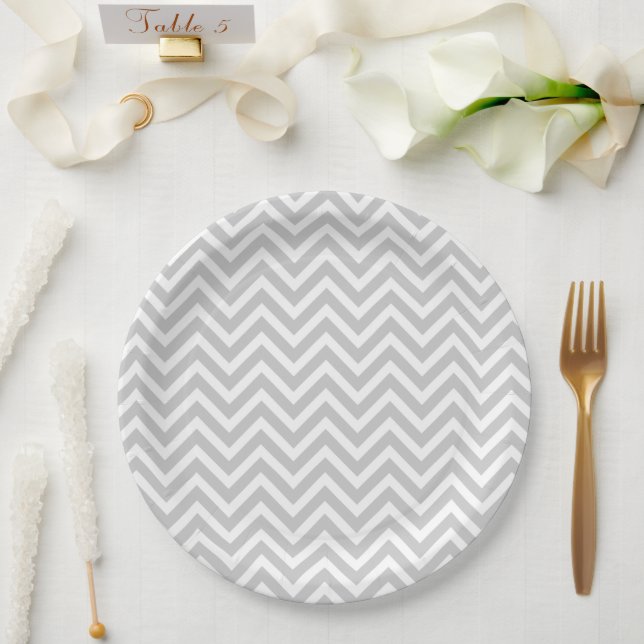 Grey and White Chevron Paper Plate (Wedding)