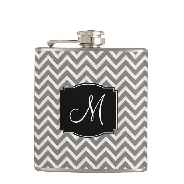 Grey and White Chevron Pattern with Monogram Hip Flask (Front)