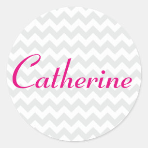 Grey and White Chevron with Bold Script Name Classic Round Sticker