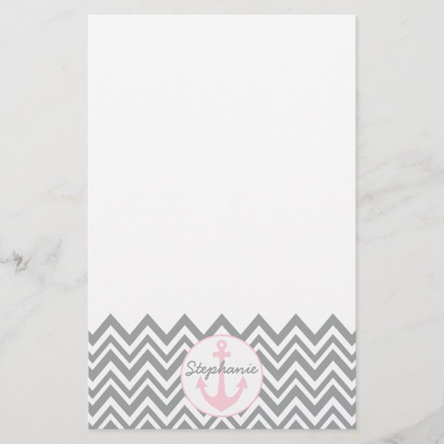 Grey and White Chevron with Pastel Pink Nautical Stationery (Front)