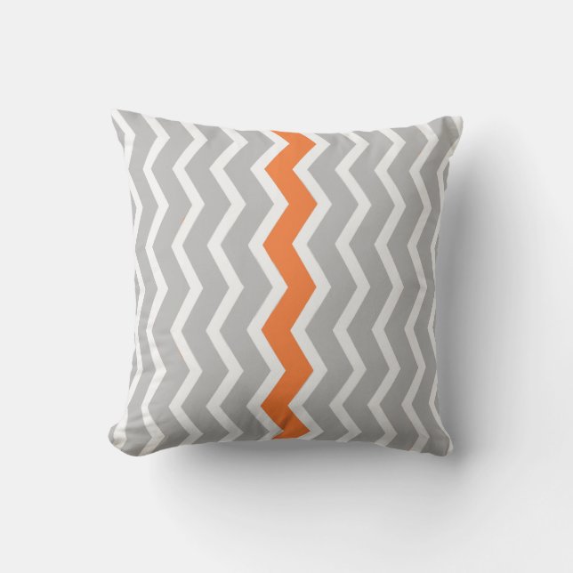 Grey and White Chevron Zigzag with Orange Stripe Throw Pillow (Front)