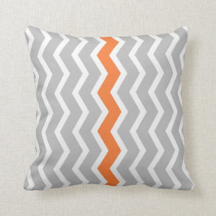 Grey and White Chevron Zigzag with Orange Stripe Throw Pillow