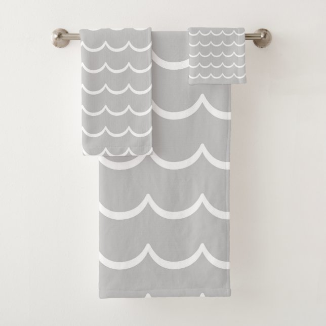 Grey and White Coastal Wave Pattern Bath Towel Set (Insitu)