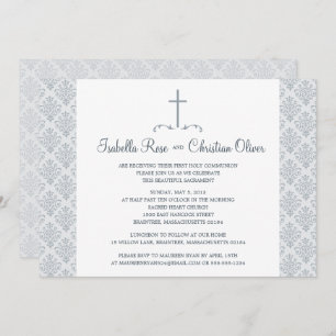 Grey and White Damask First Communion Invitation