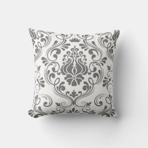 Grey and White Damask Floral Pattern Elegant Throw Pillow