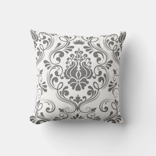 Grey and White Damask Floral Pattern Elegant  Throw Pillow (Front)