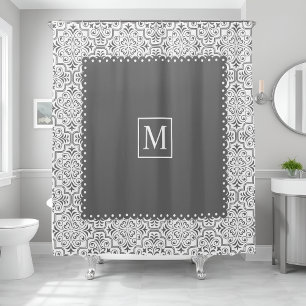 Grey and white damask pattern and monogram