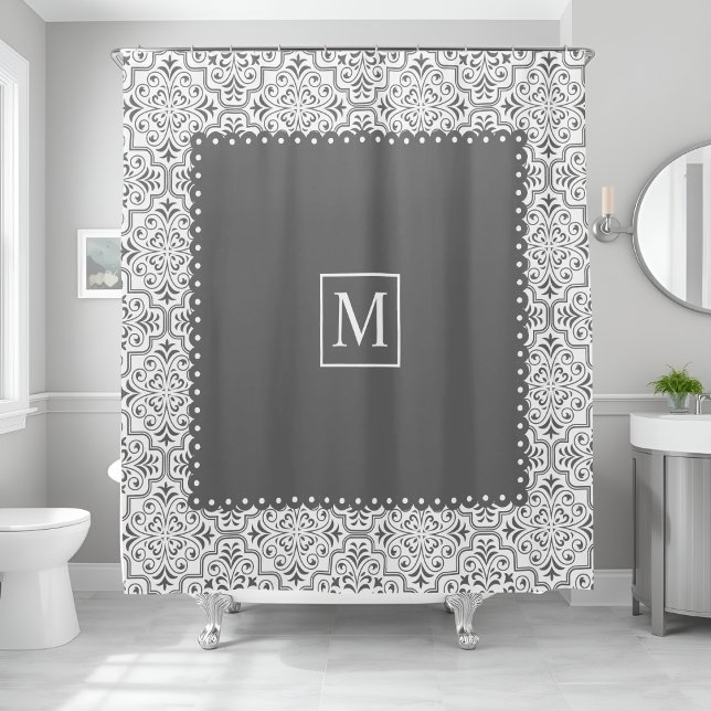 Grey and white damask pattern and monogram (Creator Uploaded)