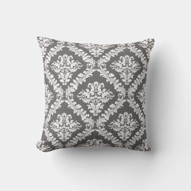 Grey and white damask pattern throw pillow (Front)