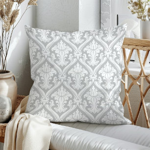 Grey and White Damask Pattern Throw Pillows