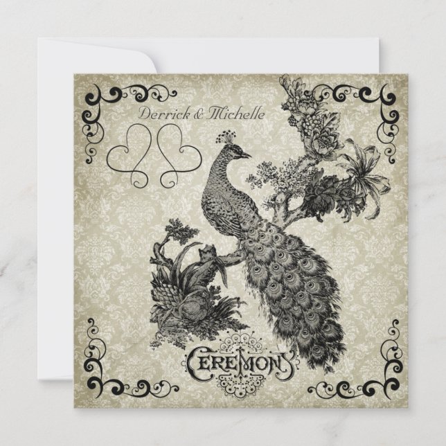 Grey and White Damask Peacock Wedding Invitation (Front)