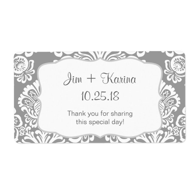 Grey and white Damask Water Bottle - customize it! (Front)