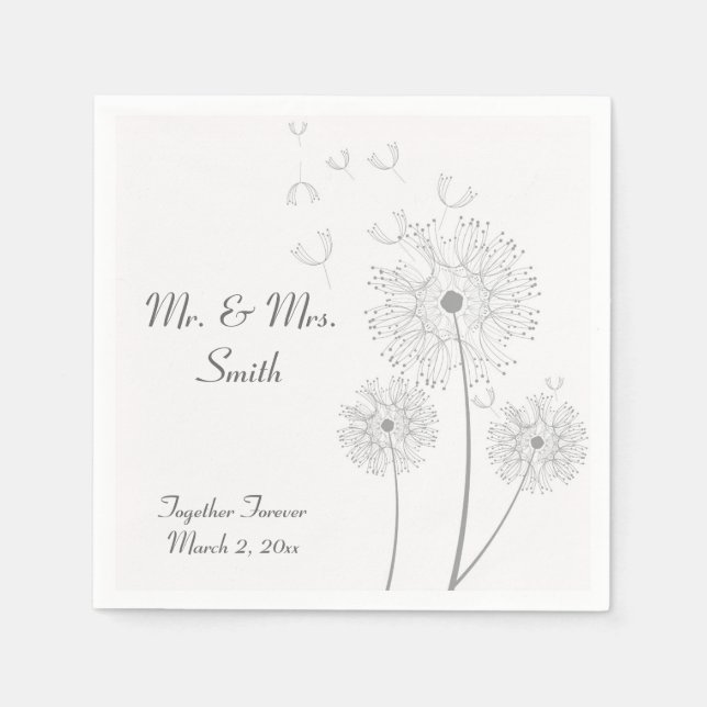 Grey and White Dandelion Wedding Napkins (Front)