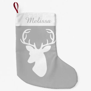 Grey And White Deer Head With Custom Name Small Christmas Stocking