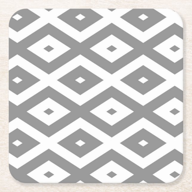 Grey and white diamond pattern square paper coaster (Front)