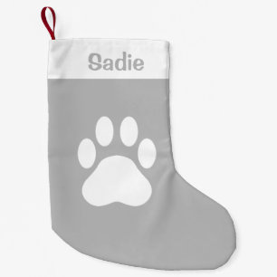 Grey And White Dog Paw Silhouette With Custom Name Small Christmas Stocking