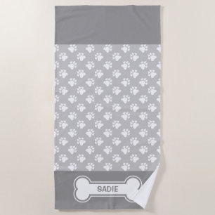 Grey And White Dog Paws And Bone With Name Beach Towel