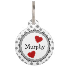 Grey and White Dots and Hearts Pet Tag