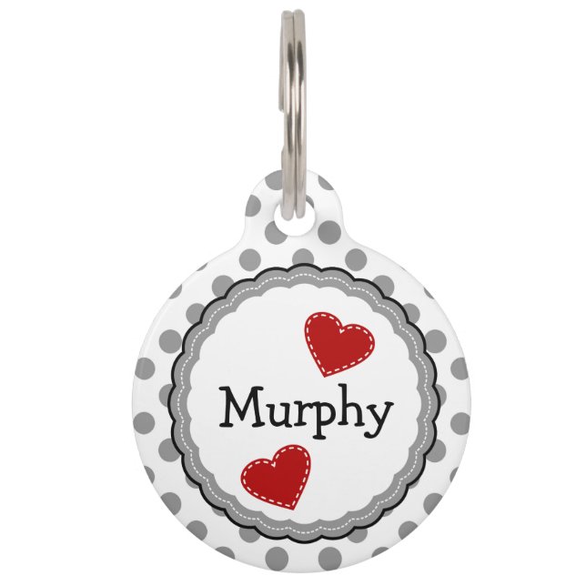 Grey and White Dots and Hearts Pet Tag (Front)