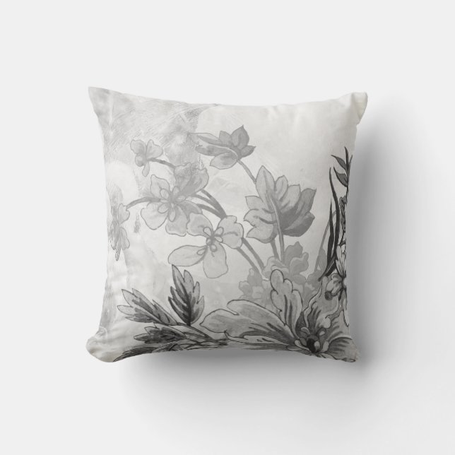 Grey and White Elegant Botanical Floral Throw Pillow (Front)