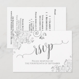 Grey and White Elegant Calligraphy Frilly Wedding RSVP Card