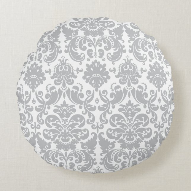 Grey and White Elegant Damask Pattern Round Pillow (Front)