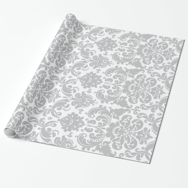 Grey and White Elegant Damask Pattern Wrapping Paper (Unrolled)