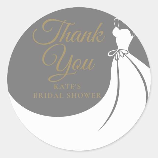 Grey and White Elegant Gown Bridal Shower Classic Round Sticker (Front)