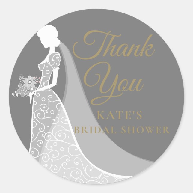 Grey and White Elegant Lace Gown Bridal Shower Classic Round Sticker (Front)