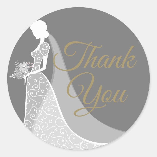 Grey and White Elegant Lace Gown Bridal Shower Classic Round Sticker (Front)
