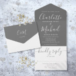 Grey And White Elegant Script Wedding All In On All In One Invitation<br><div class="desc">All in one wedding invitation featuring elegant signature script name and monogram initials. The invitation includes a perforated RSVP card that’s can be individually addressed or left blank for you to handwrite your guest's address details. Designed by Thisisnotme©</div>