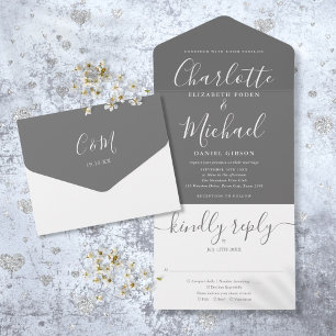 Grey And White Elegant Script Wedding All In On One Invitation