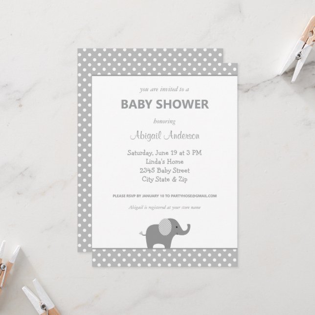 Grey and White Elephant Polka Dot Baby Shower Invitation (Front/Back In Situ)