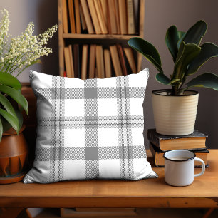 Grey and White Farmhouse Tartan Plaid Pattern Throw Pillow