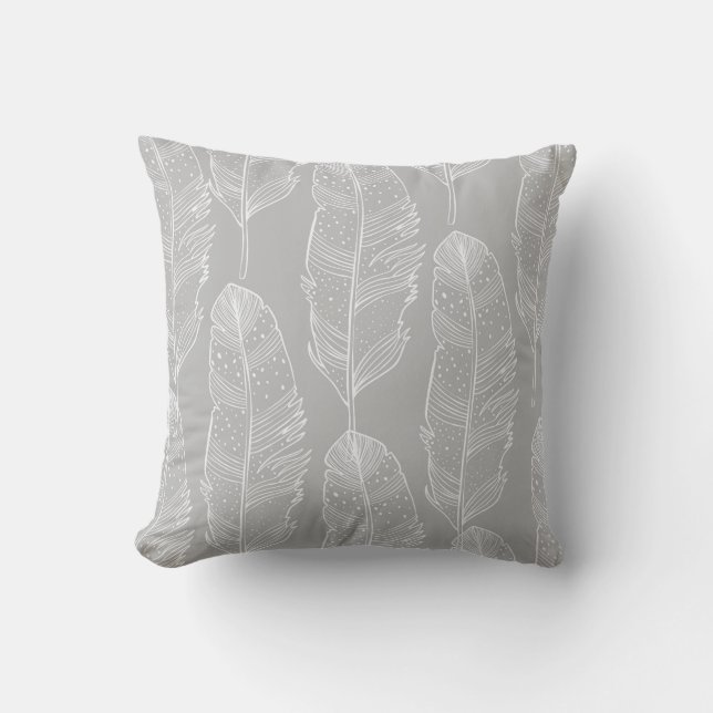Grey and White Feathers Throw Pillow (Front)