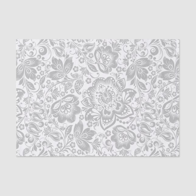 Grey And White Floral Damasks Tissue Paper (Front)