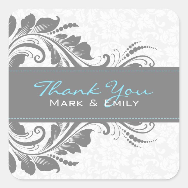 Grey And White Floral Floral Ornament Square Sticker (Front)