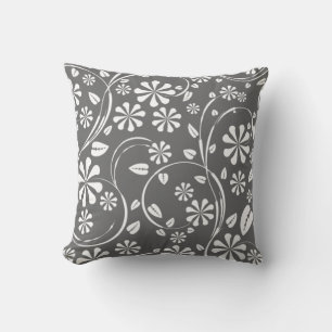 Grey and white floral pattern throw pillow