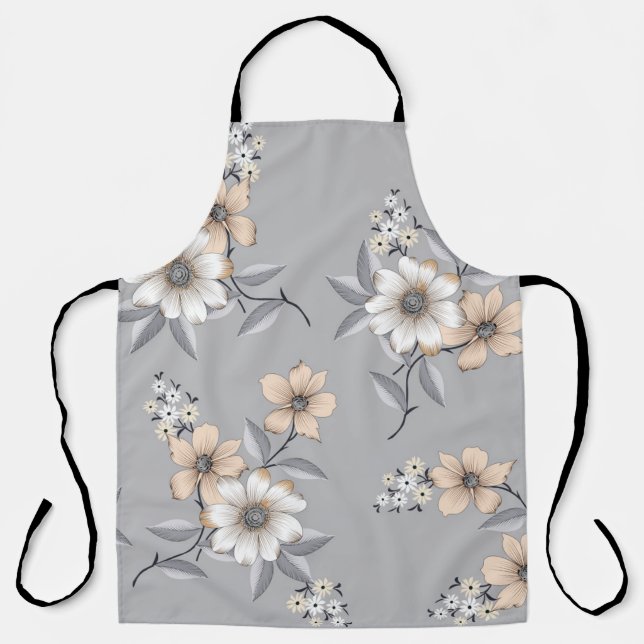 grey and white flower Pattern on grey backgroundde Apron (Front)
