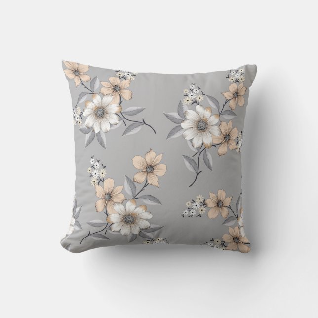 grey and white flower Pattern on grey backgroundde Throw Pillow (Front)
