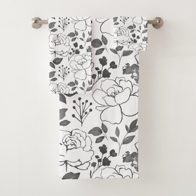 Grey and White Flowers Design Bath Towel Set (Insitu)
