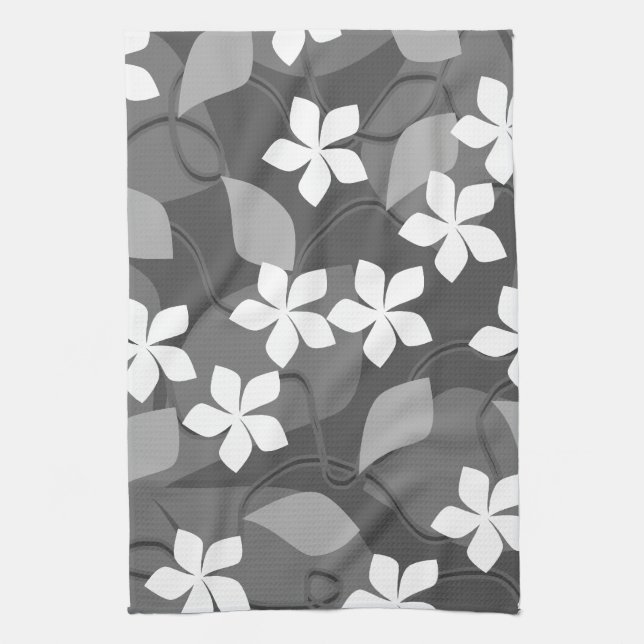 Grey and White Flowers. Floral Pattern. Kitchen Towel (Vertical)