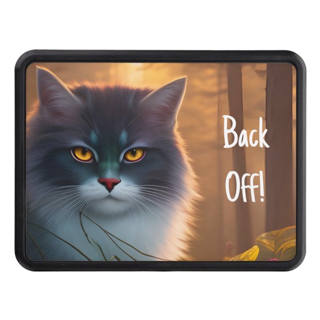 Grey and white fluffy forest cat, Back OFF! Trailer Hitch Cover (Front)