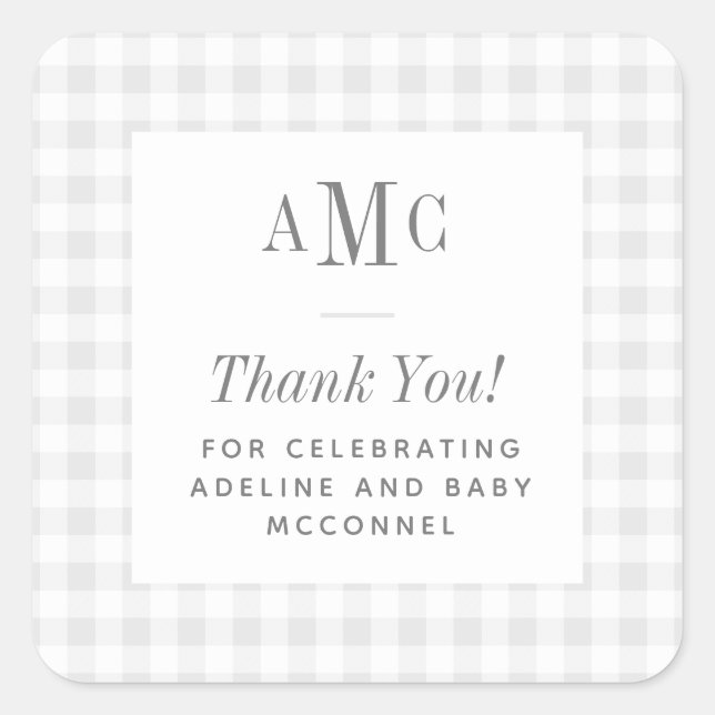 Grey and White Gingham Monogram Thank You Square Sticker (Front)