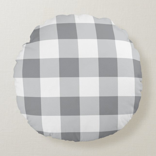 Grey And White Gingham Pattern Round Pillow (Front)