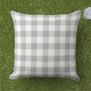 Grey and White Gingham Plaid Pattern Outdoor Pillow