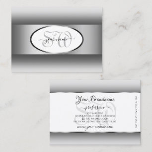Grey and White Gradient Monogram Oval Silver Frame Business Card